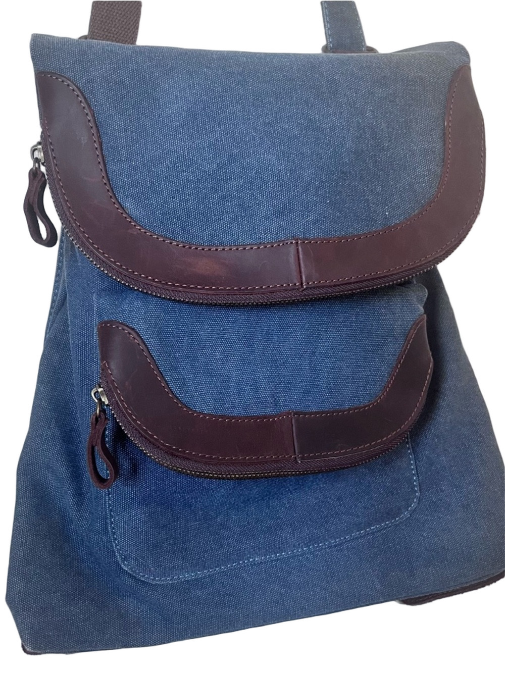 Blue Canvas Crossbody Backpack with Brown Leather Trim
